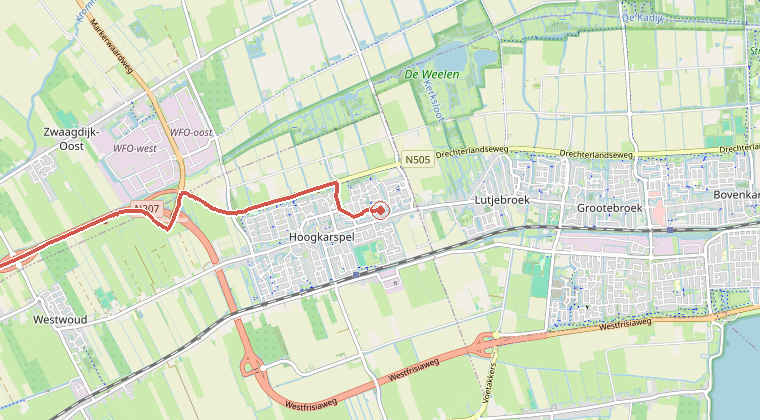 Kaart van de omgeving van de melding, met de kazerne die is gealarmeerd