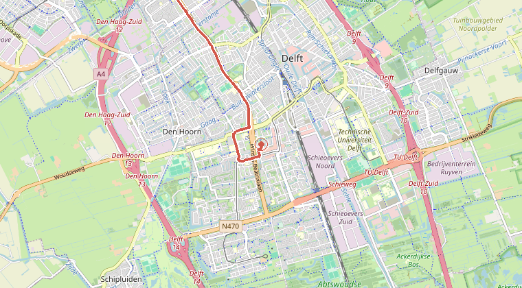 Kaart van de omgeving van de melding, met de kazerne die is gealarmeerd