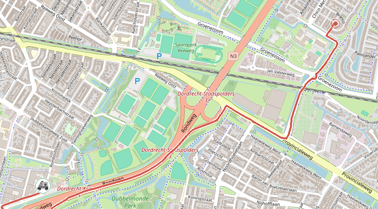 Kaart van de omgeving van de melding, met de kazerne die is gealarmeerd