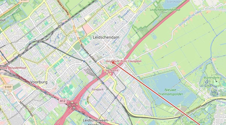 Kaart van de omgeving van de melding, met de kazerne die is gealarmeerd
