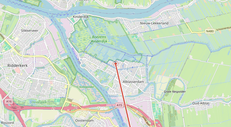 Kaart van de omgeving van de melding, met de kazerne die is gealarmeerd