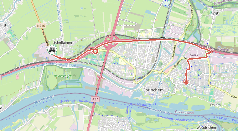 Kaart van de omgeving van de melding, met de kazerne die is gealarmeerd