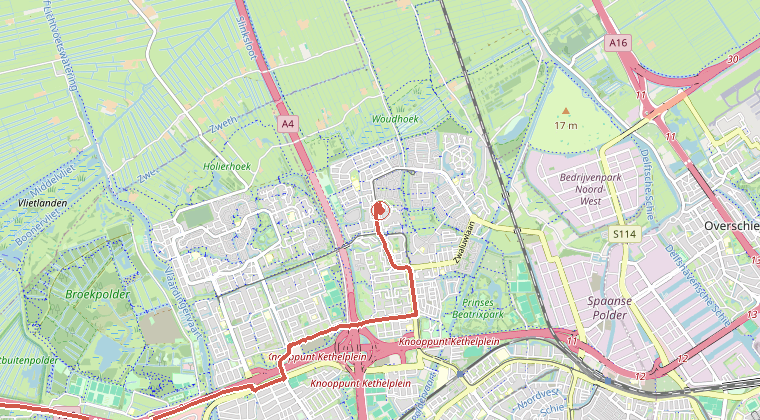 Kaart van de omgeving van de melding, met de kazerne die is gealarmeerd
