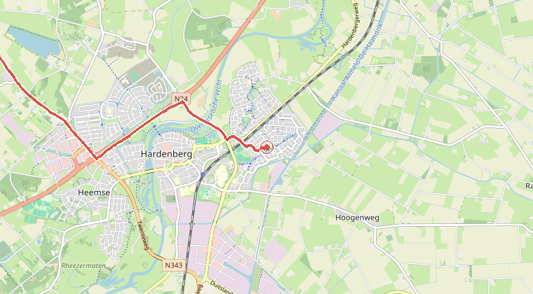 Kaart van de omgeving van de melding, met de kazerne die is gealarmeerd