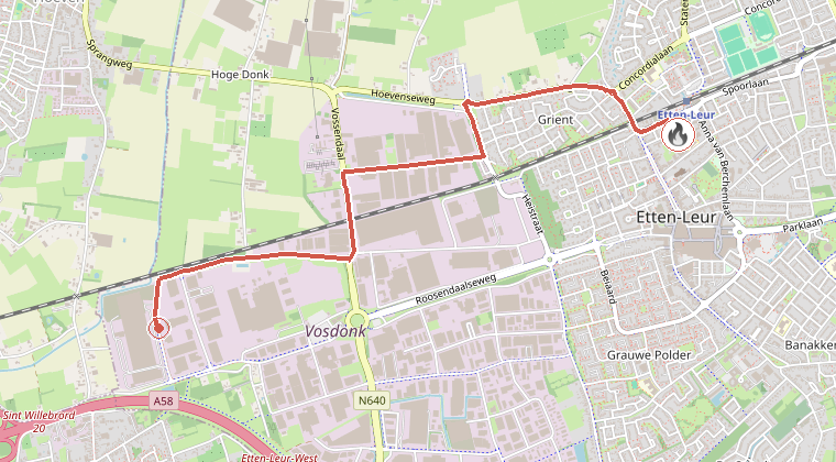 Kaart van de omgeving van de melding, met de kazerne die is gealarmeerd