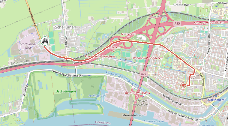 Kaart van de omgeving van de melding, met de kazerne die is gealarmeerd