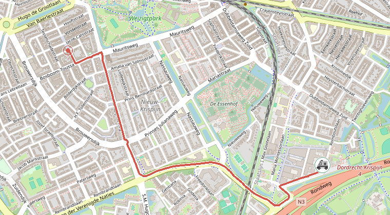 Kaart van de omgeving van de melding, met de kazerne die is gealarmeerd