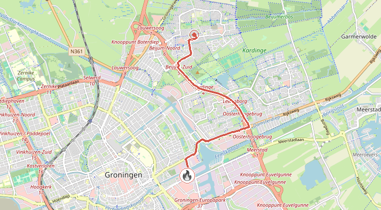 Kaart van de omgeving van de melding, met de kazerne die is gealarmeerd