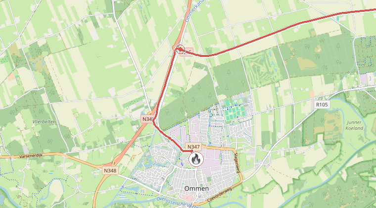 Kaart van de omgeving van de melding, met de kazerne die is gealarmeerd