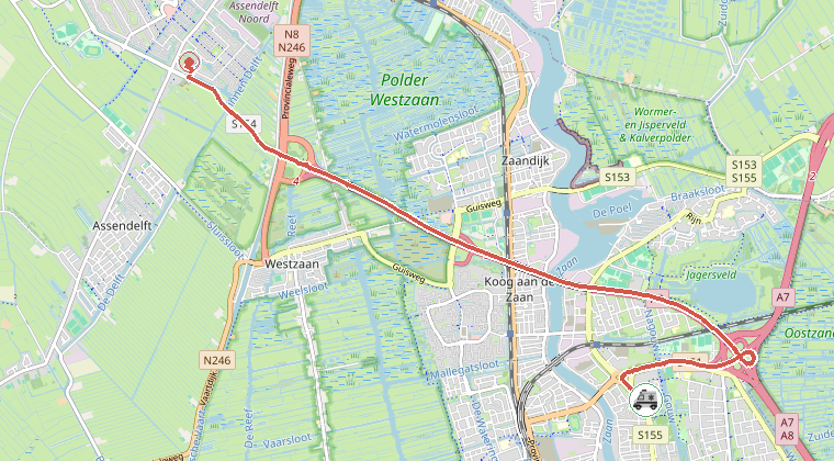 Kaart van de omgeving van de melding, met de kazerne die is gealarmeerd