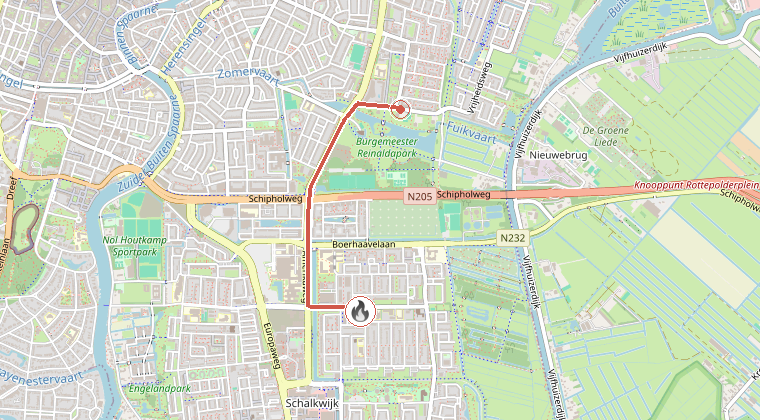 Kaart van de omgeving van de melding, met de kazerne die is gealarmeerd
