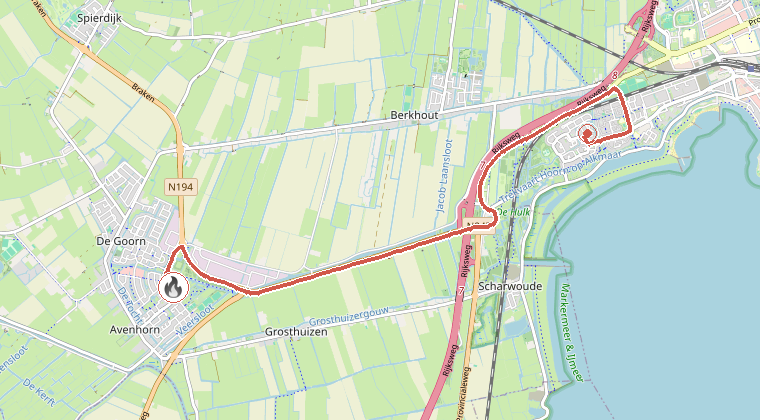 Kaart van de omgeving van de melding, met de kazerne die is gealarmeerd
