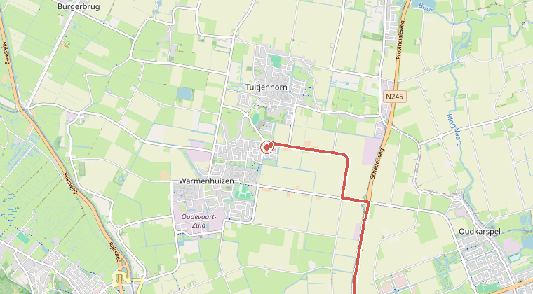 Kaart van de omgeving van de melding, met de kazerne die is gealarmeerd