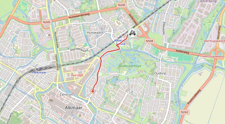 Kaart van de omgeving van de melding, met de kazerne die is gealarmeerd