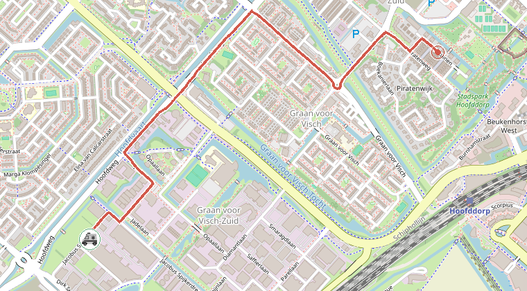 Kaart van de omgeving van de melding, met de kazerne die is gealarmeerd