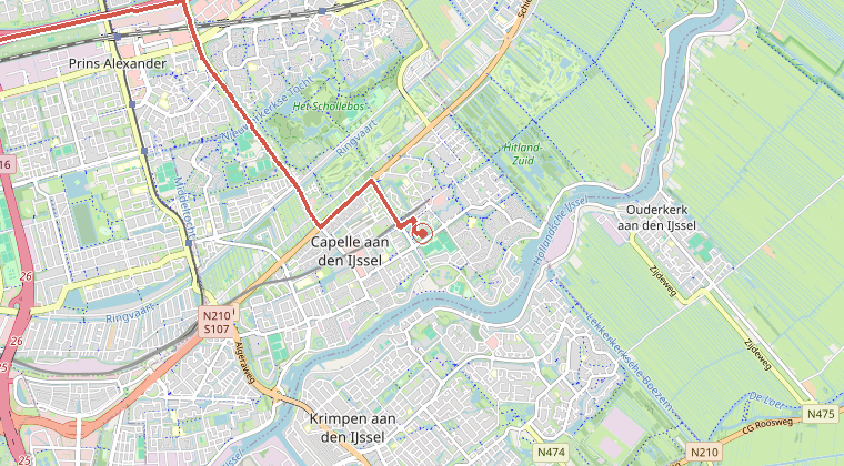 Kaart van de omgeving van de melding, met de kazerne die is gealarmeerd