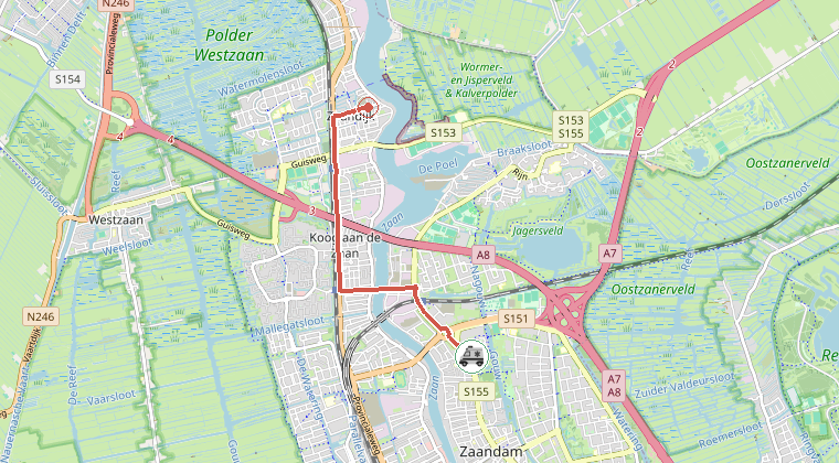 Kaart van de omgeving van de melding, met de kazerne die is gealarmeerd
