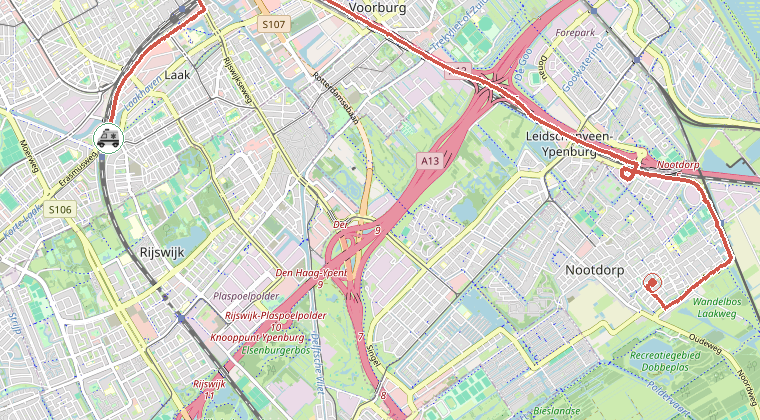 Kaart van de omgeving van de melding, met de kazerne die is gealarmeerd