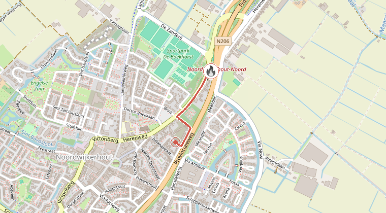 Kaart van de omgeving van de melding, met de kazerne die is gealarmeerd