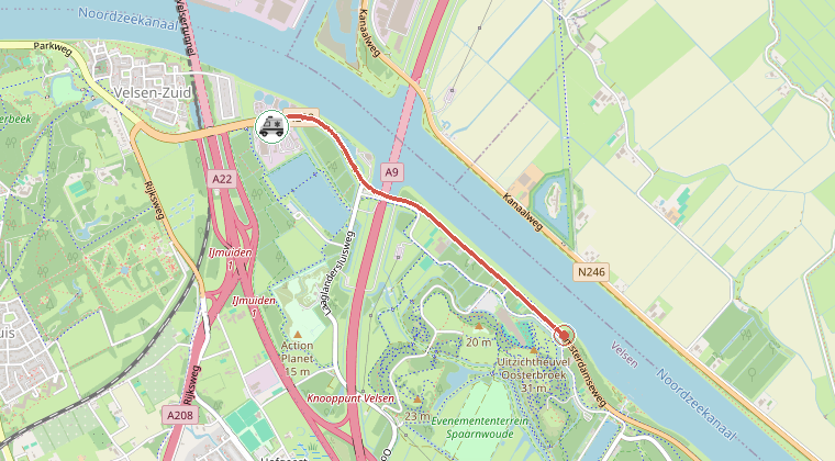 Kaart van de omgeving van de melding, met de kazerne die is gealarmeerd
