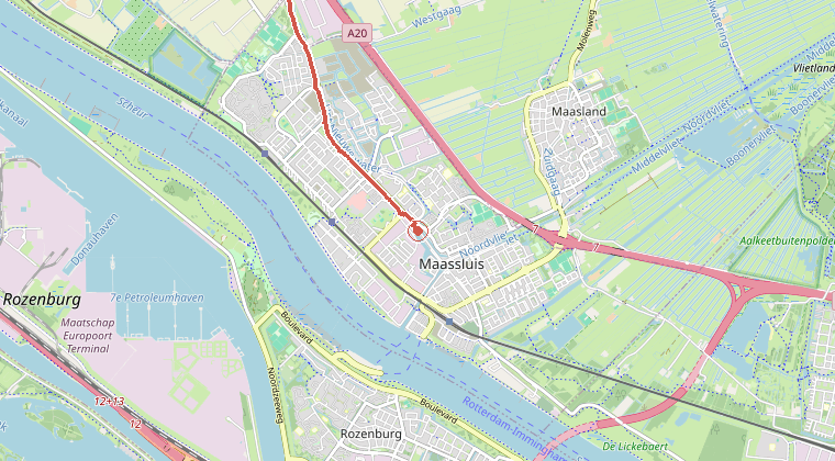 Kaart van de omgeving van de melding, met de kazerne die is gealarmeerd