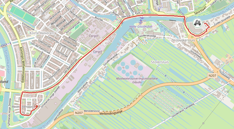 Kaart van de omgeving van de melding, met de kazerne die is gealarmeerd