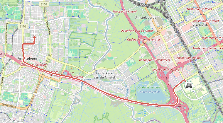Kaart van de omgeving van de melding, met de kazerne die is gealarmeerd