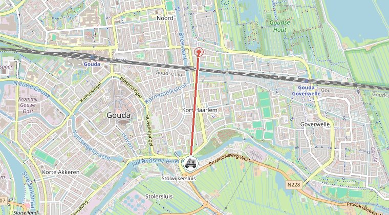 Kaart van de omgeving van de melding, met de kazerne die is gealarmeerd