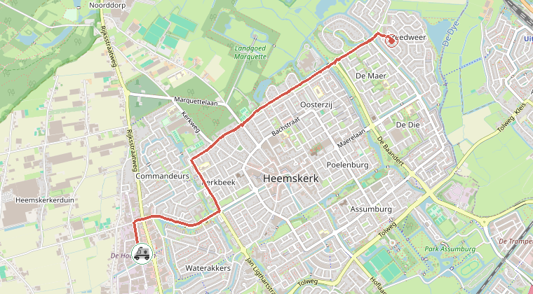 Kaart van de omgeving van de melding, met de kazerne die is gealarmeerd