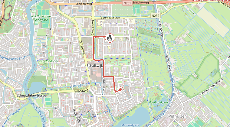Kaart van de omgeving van de melding, met de kazerne die is gealarmeerd