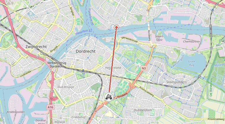 Kaart van de omgeving van de melding, met de kazerne die is gealarmeerd