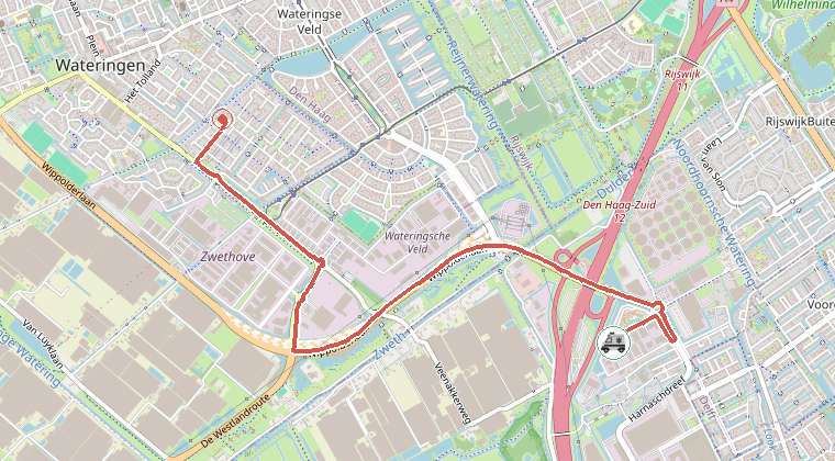 Kaart van de omgeving van de melding, met de kazerne die is gealarmeerd