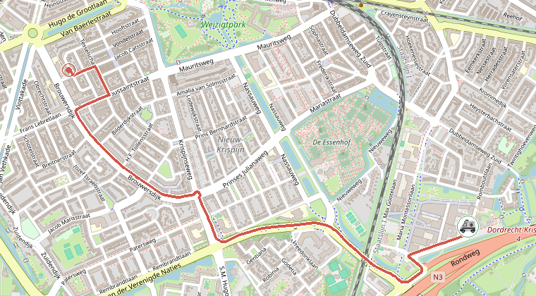 Kaart van de omgeving van de melding, met de kazerne die is gealarmeerd
