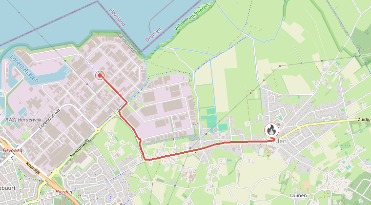 Kaart van de omgeving van de melding, met de kazerne die is gealarmeerd