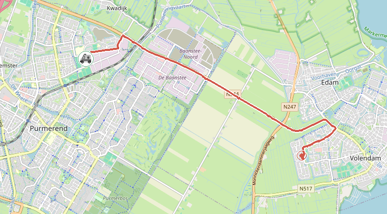 Kaart van de omgeving van de melding, met de kazerne die is gealarmeerd