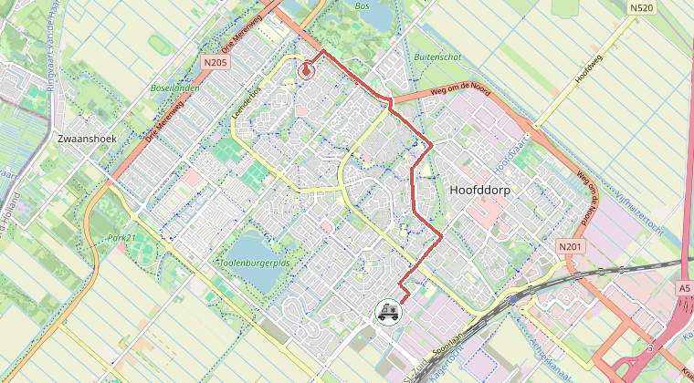 Kaart van de omgeving van de melding, met de kazerne die is gealarmeerd