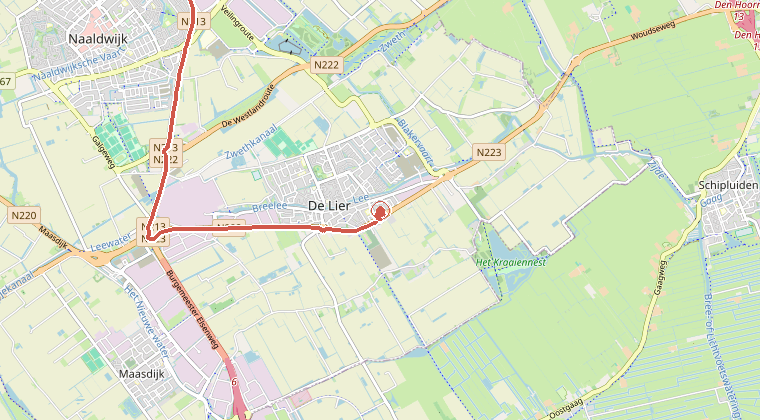 Kaart van de omgeving van de melding, met de kazerne die is gealarmeerd