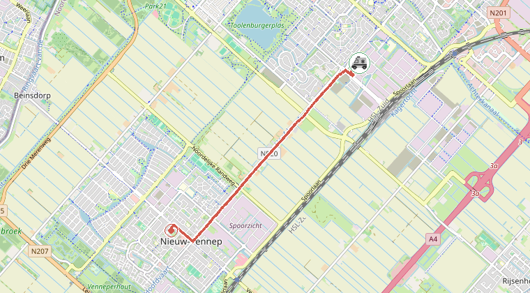 Kaart van de omgeving van de melding, met de kazerne die is gealarmeerd