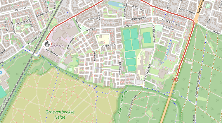 Kaart van de omgeving van de melding, met de kazerne die is gealarmeerd