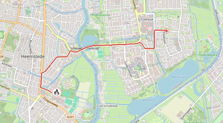 Kaart van de omgeving van de melding, met de kazerne die is gealarmeerd