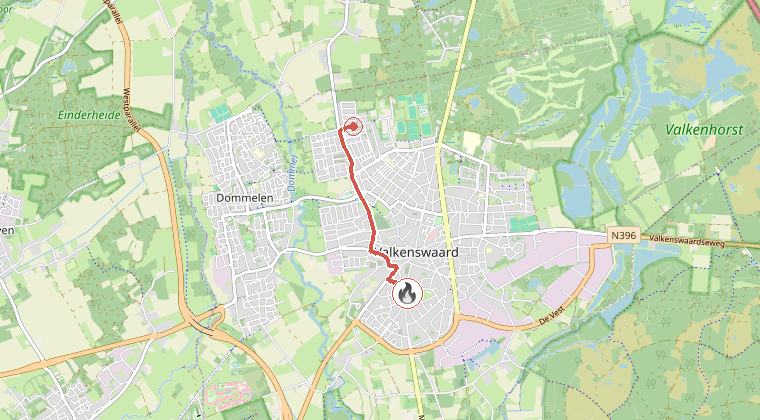Kaart van de omgeving van de melding, met de kazerne die is gealarmeerd