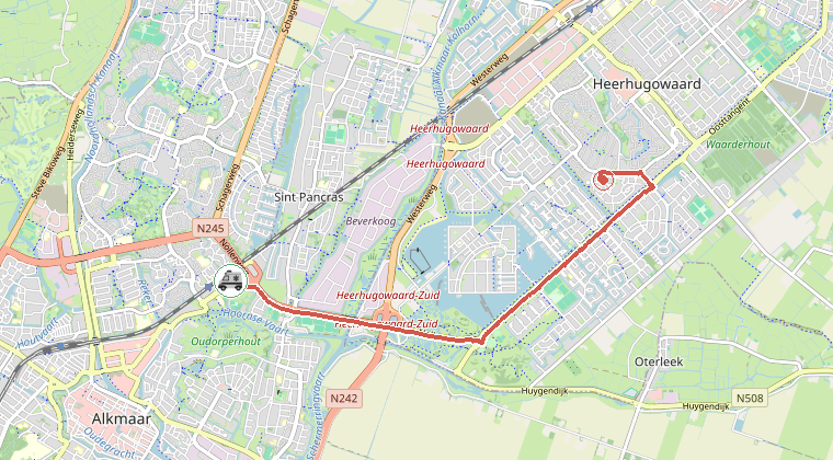 Kaart van de omgeving van de melding, met de kazerne die is gealarmeerd