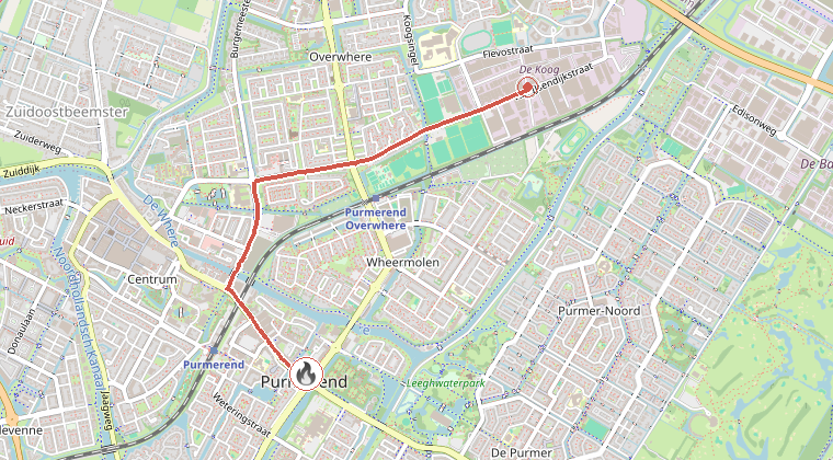 Kaart van de omgeving van de melding, met de kazerne die is gealarmeerd