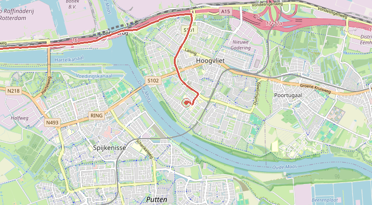 Kaart van de omgeving van de melding, met de kazerne die is gealarmeerd
