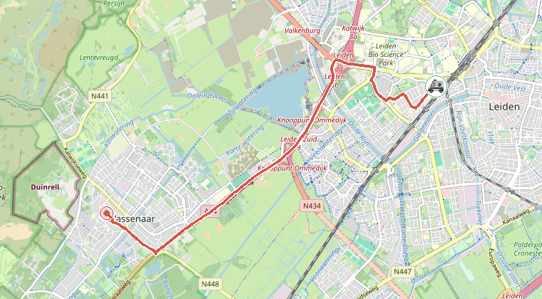 Kaart van de omgeving van de melding, met de kazerne die is gealarmeerd