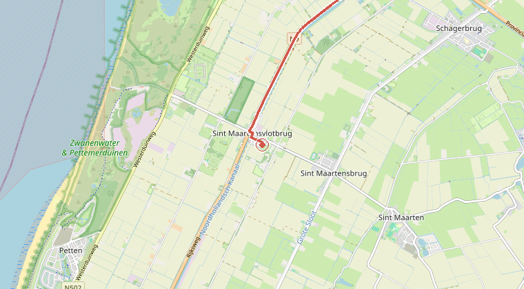 Kaart van de omgeving van de melding, met de kazerne die is gealarmeerd