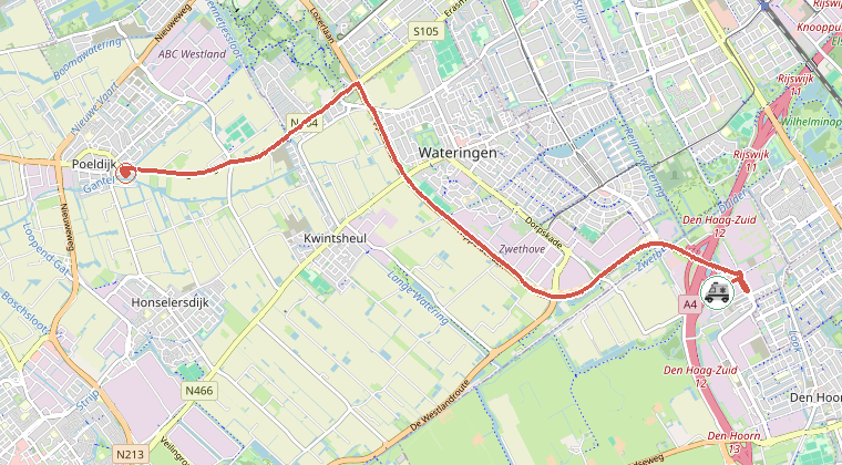 Kaart van de omgeving van de melding, met de kazerne die is gealarmeerd