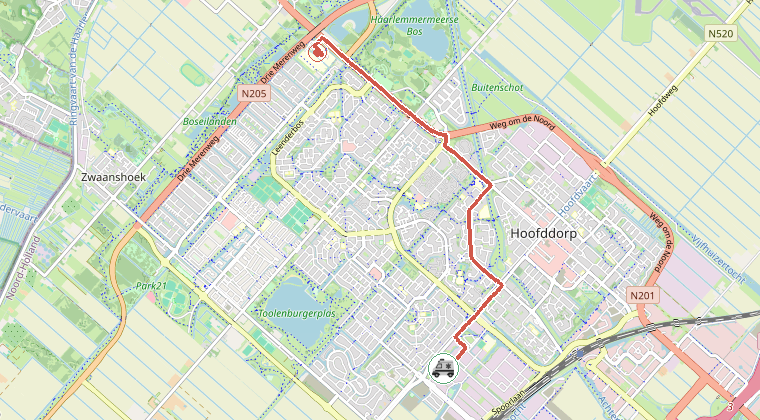 Kaart van de omgeving van de melding, met de kazerne die is gealarmeerd
