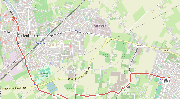 Kaart van de omgeving van de melding, met de kazerne die is gealarmeerd