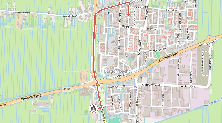 Kaart van de omgeving van de melding, met de kazerne die is gealarmeerd